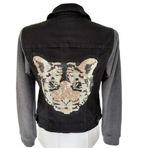 Jet John Eshaya Sz M/L Black Denim Jacket. Sweatshirt Sleeves. Sequin Tiger Back
